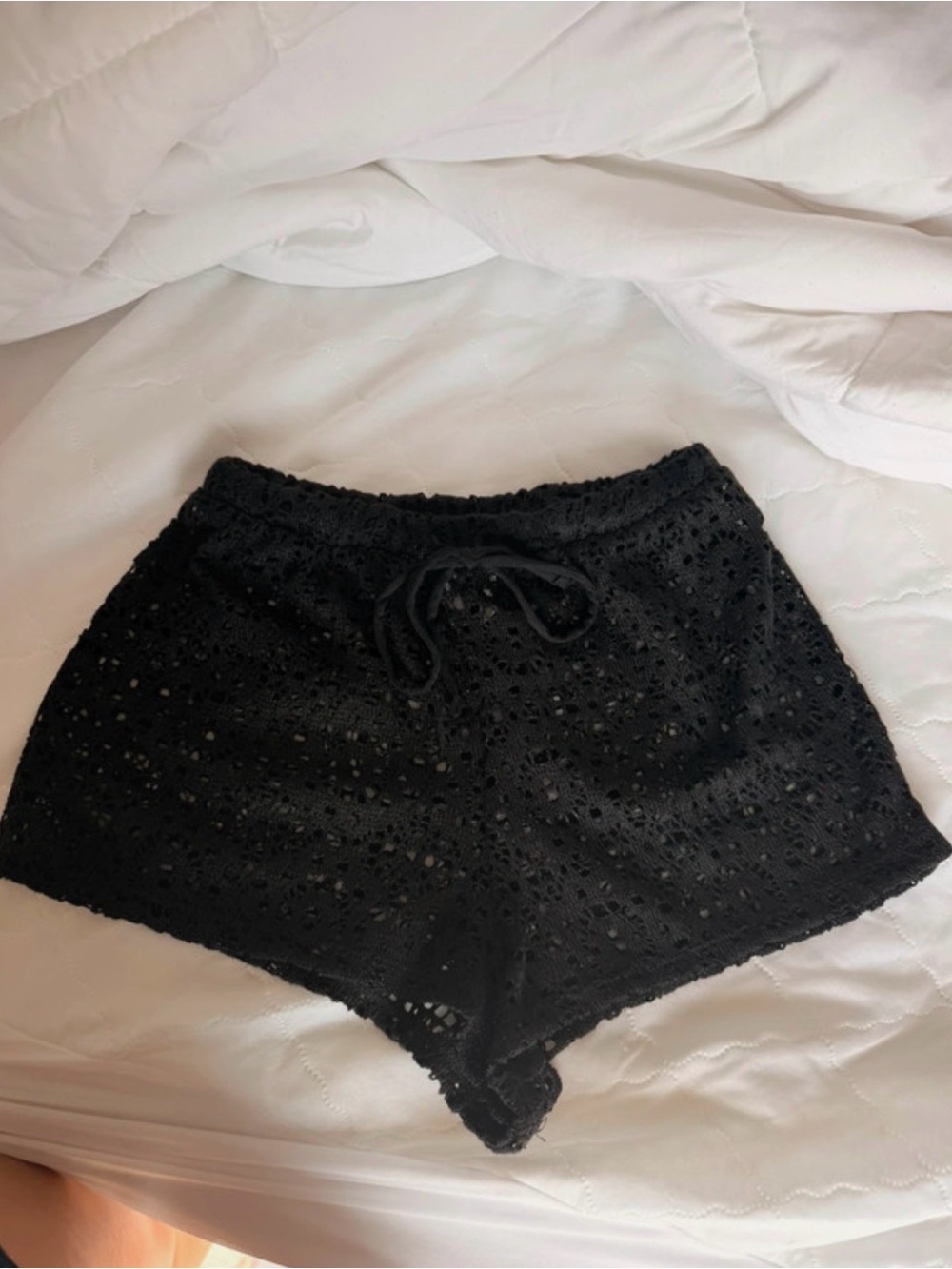 High-Waist Black Crochet Lounge Shorts with Drawstring